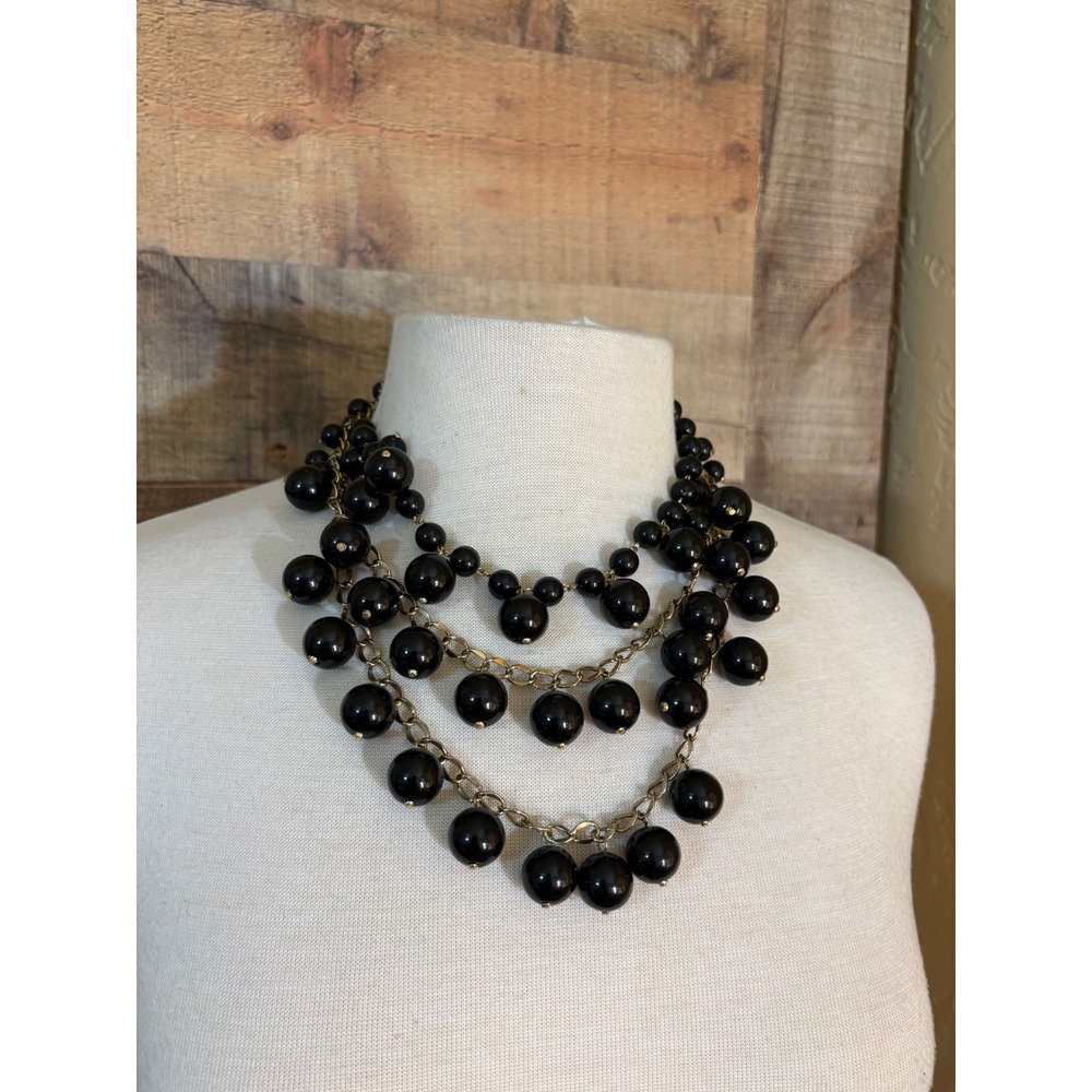 Black Multi Strand Statement Necklace Gold Tone Chain Chunky Bib Beads